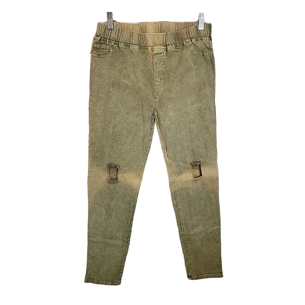 Umgee Pull On Pants Green Skinny Grunge Faded Distressed Mid Rise Size XL